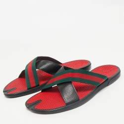 Gucci Black Leather And Web Tape Cross Strap Flat Slide Sandals Size 45