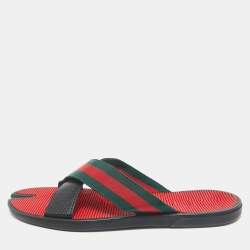 Gucci Black Leather And Web Tape Cross Strap Flat Slide Sandals Size 45