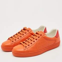 Gucci Orange Perforated Interlocking G Leather Ace Sneakers Size 40.5