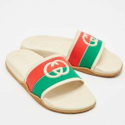 Gucci Multicolor Rubber Web Interlocking G Flat Pool Slides Size 42