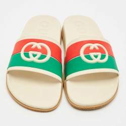 Gucci Multicolor Rubber Web Interlocking G Flat Pool Slides Size 42