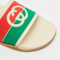 Gucci Multicolor Rubber Web Interlocking G Flat Pool Slides Size 42
