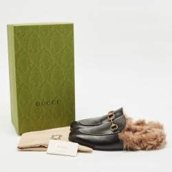 Gucci Black Leather and Fur Lined Princetown Flat Mules Size 44.5