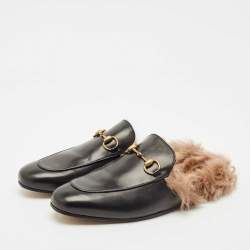 Gucci Black Leather and Fur Lined Princetown Flat Mules Size 44.5
