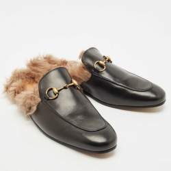 Gucci Black Leather and Fur Lined Princetown Flat Mules Size 44.5