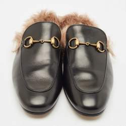 Gucci Black Leather and Fur Lined Princetown Flat Mules Size 44.5