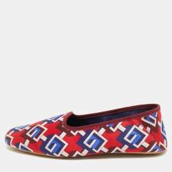 Gucci Red/Blue Geometric G Print Satin Smoking Slippers Size 45