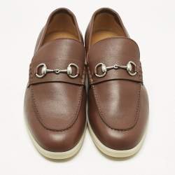 Pre Owned Gucci Brown Leather Horsebit Slip On Loafers Size 44.5