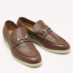 Pre Owned Gucci Brown Leather Horsebit Slip On Loafers Size 44.5