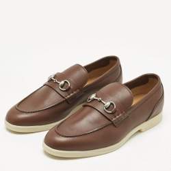 Pre Owned Gucci Brown Leather Horsebit Slip On Loafers Size 44.5