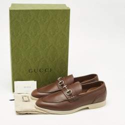Pre Owned Gucci Brown Leather Horsebit Slip On Loafers Size 44.5
