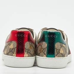 Pre Owned Gucci Beige/Brown GG Supreme Canvas Ace Bee Lace Up Sneakers Size 45
