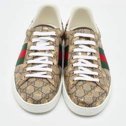 Pre Owned Gucci Beige/Brown GG Supreme Canvas Ace Bee Lace Up Sneakers Size 45