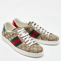 Pre Owned Gucci Beige/Brown GG Supreme Canvas Ace Bee Lace Up Sneakers Size 45