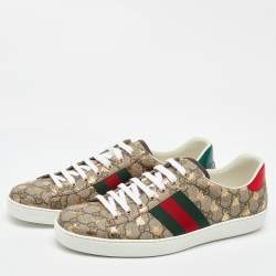 Pre Owned Gucci Beige/Brown GG Supreme Canvas Ace Bee Lace Up Sneakers Size 45