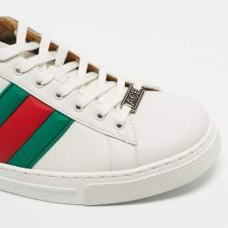 مملوكة مسبقًا حذاء رياضي غوتشي الجلد الأبيض تفصيل الويب ايس مقاس 42.5