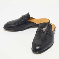 Pre Owned Gucci Black Leather Interlocking G Flat Mules Size 41.5