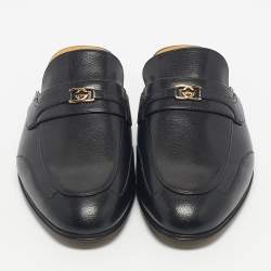 Pre Owned Gucci Black Leather Interlocking G Flat Mules Size 41.5
