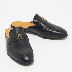 Pre Owned Gucci Black Leather Interlocking G Flat Mules Size 41.5