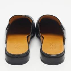 Pre Owned Gucci Black Leather Interlocking G Flat Mules Size 41.5