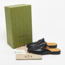 Pre Owned Gucci Black Leather Interlocking G Flat Mules Size 41.5