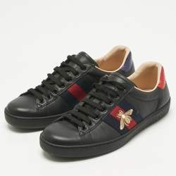 Pre Owned Gucci Black Leather and Snakeskin Embossed Leather Ace Lace Up Sneakers Size 38.5