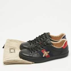 Pre Owned Gucci Black Leather and Snakeskin Embossed Leather Ace Lace Up Sneakers Size 38.5