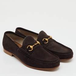 Pre Owned Gucci Dark Brown Suede Horsebit Slip On Loafers Size 43