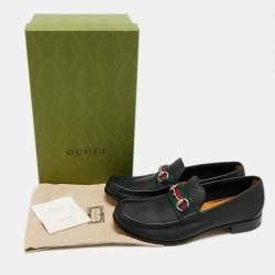 Pre Owned Gucci Black Leather Horsebit Web Loafers Size 44.5