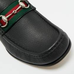 Pre Owned Gucci Black Leather Horsebit Web Loafers Size 44.5