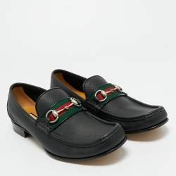 Pre Owned Gucci Black Leather Horsebit Web Loafers Size 44.5