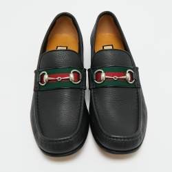 Pre Owned Gucci Black Leather Horsebit Web Loafers Size 44.5