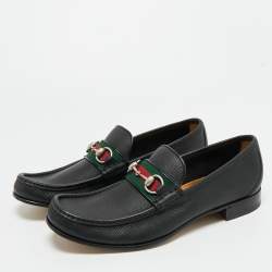 Pre Owned Gucci Black Leather Horsebit Web Loafers Size 44.5