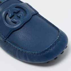 Pre Owned Gucci Blue Leather Interlocking G Loafers Size 43.5
