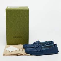 Pre Owned Gucci Blue Leather Interlocking G Loafers Size 43.5