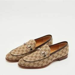 Pre Owned Gucci Beige/Brown GG Canvas Jordaan Horsebit Loafers Size 44