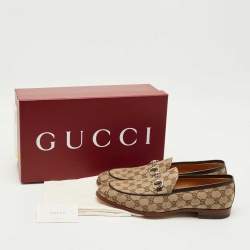 Pre Owned Gucci Beige/Brown GG Canvas Jordaan Horsebit Loafers Size 44