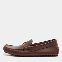 Pre Owned Gucci Brown Leather GG Interlock Web Detail Loafers Size 40