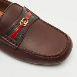 Pre Owned Gucci Brown Leather GG Interlock Web Detail Loafers Size 40