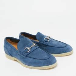 Pre Owned Gucci Blue Suede Horsebit Slip On Loafers Size 42.5