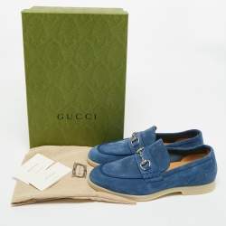 Pre Owned Gucci Blue Suede Horsebit Slip On Loafers Size 42.5