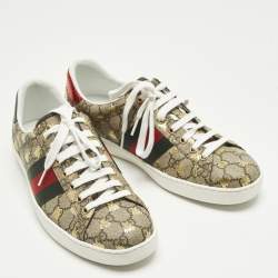 مملوكة مسبقًا Gucci Ace Size 42.5 Beige Coated Canvas and Python Embossed Leather Low Top Sneakers