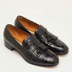 Pre Owned حذاء لوفرز غوتشي سليپ أون جلد تمساح أسود مع شرّابات وشراريب مقاس 41.5