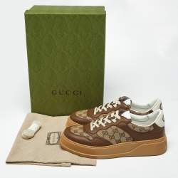 Pre Owned Gucci GG Supreme Size 44 Brown Canvas and Leather Lace Up Sneakers
