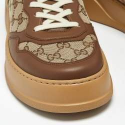Pre Owned Gucci GG Supreme Size 44 Brown Canvas and Leather Lace Up Sneakers