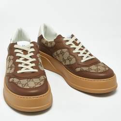 Pre Owned Gucci GG Supreme Size 44 Brown Canvas and Leather Lace Up Sneakers