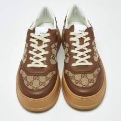Pre Owned Gucci GG Supreme Size 44 Brown Canvas and Leather Lace Up Sneakers
