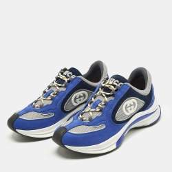 Pre Owned Gucci Run Size 41.5 Blue/Grey Nubuck Leather and Mesh Low Top Sneakers