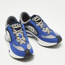 Pre Owned Gucci Run Size 41.5 Blue/Grey Nubuck Leather and Mesh Low Top Sneakers