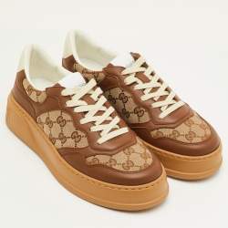 Pre Owned حذاء رياضي غوتشي سكرينير كانفاس و جلد بيج/بني منخفض من أعلى مقاس 41.5